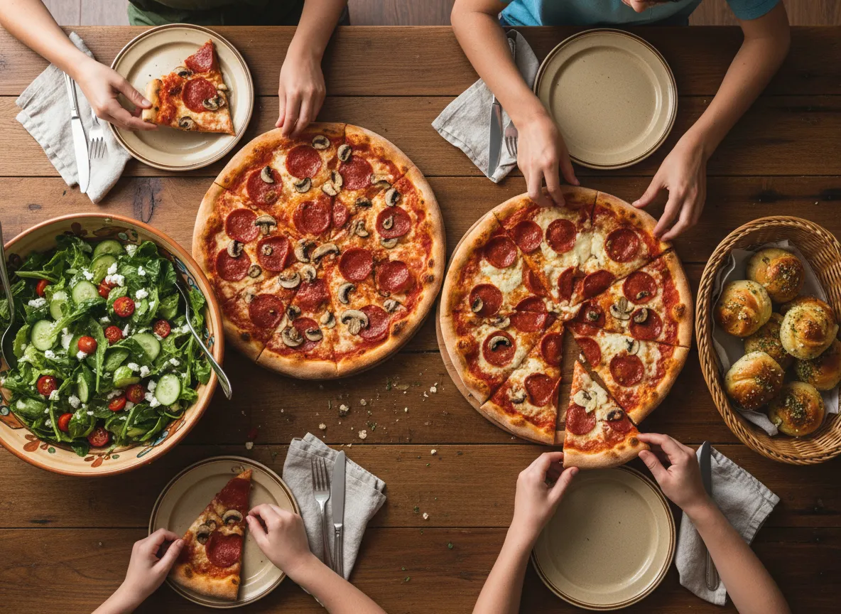 Assorted pizzas and salad on a wooden table
